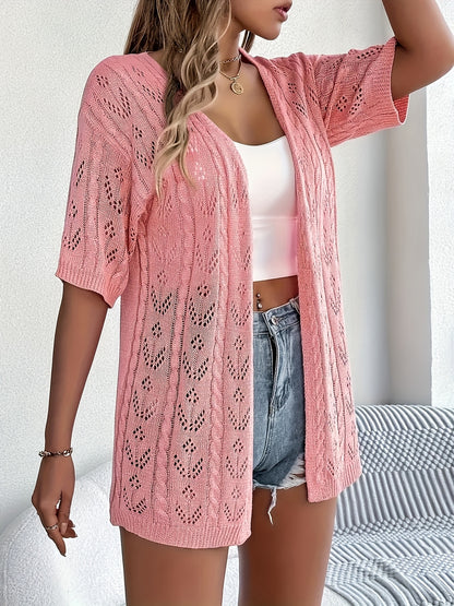 Plus Size - Summer New Arrival Women'S Openwork Short Sleeve Cardigan Loose Mid-Length Cover-Up Lightweight Breathable Outerwear Top
