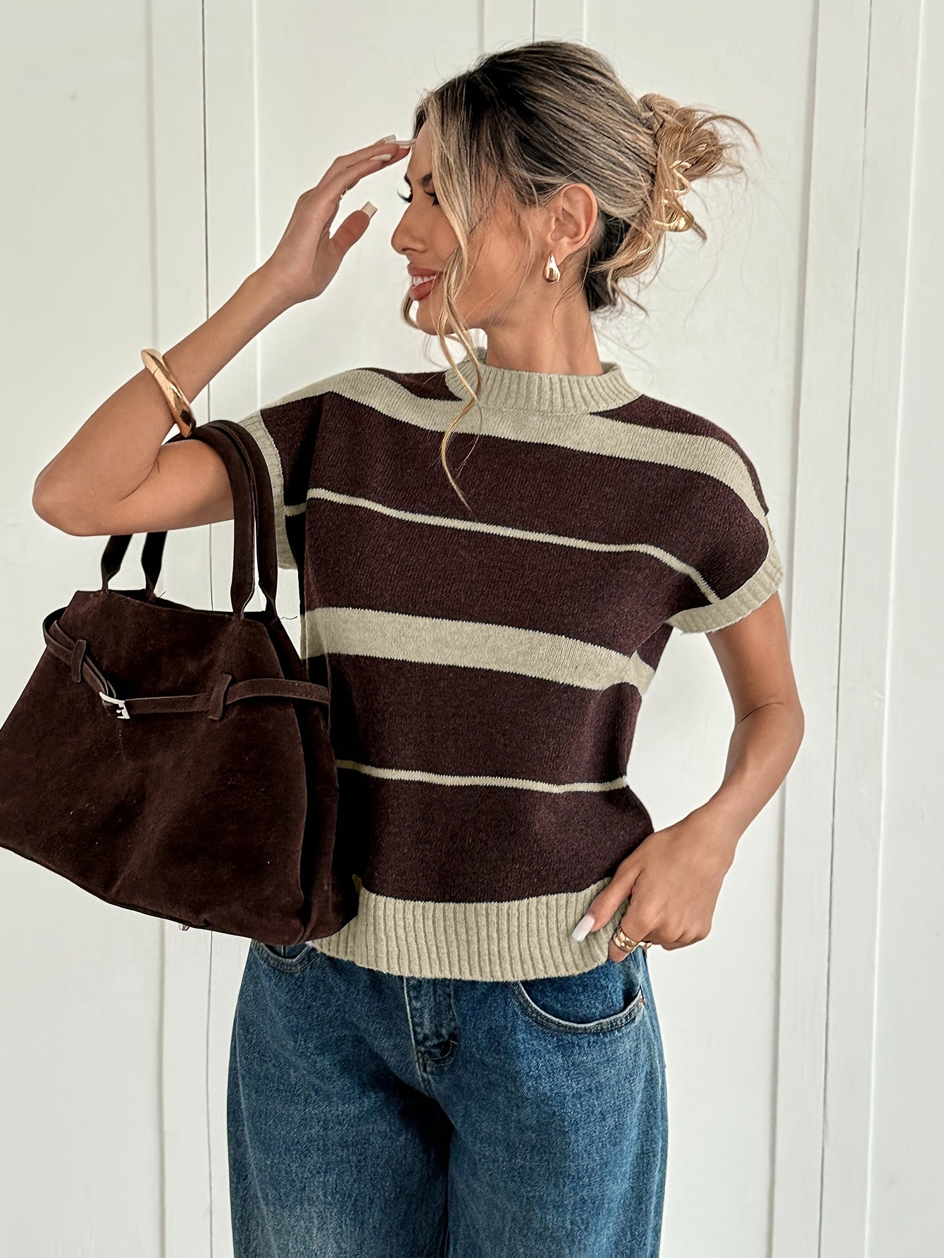 Women'S Striped Sweater - Fall/Winter Cozy, Short Sleeve, Trendy Chic, Breathable Knitwear, Ideal for Casual Fridays, Coffee Dates, Outdoor Gatherings