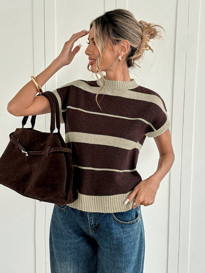 Women'S Striped Sweater - Fall/Winter Cozy, Short Sleeve, Trendy Chic, Breathable Knitwear, Ideal for Casual Fridays, Coffee Dates, Outdoor Gatherings