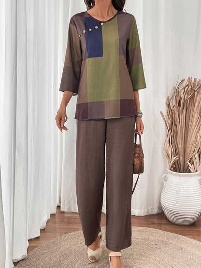 Elegant Women's Two-Piece Set - Round Neck Top And Wide Leg Pants with Checkered Patchwork Print, Polyester Material, Simple And Casual, Soft And Skin-Friendly, Perfect for Spring And Summer