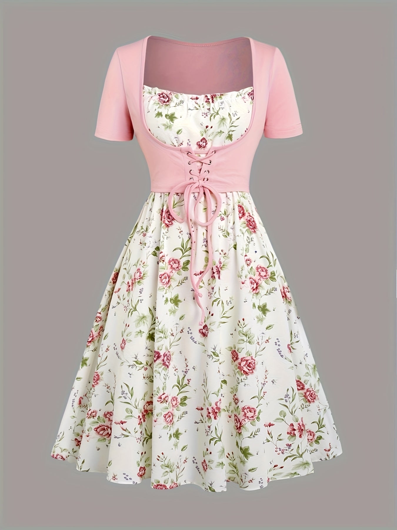 Floral Print Waisted Sleeveless Cami Dress And Solid Lace Up Short Sleeve Crop Top Set