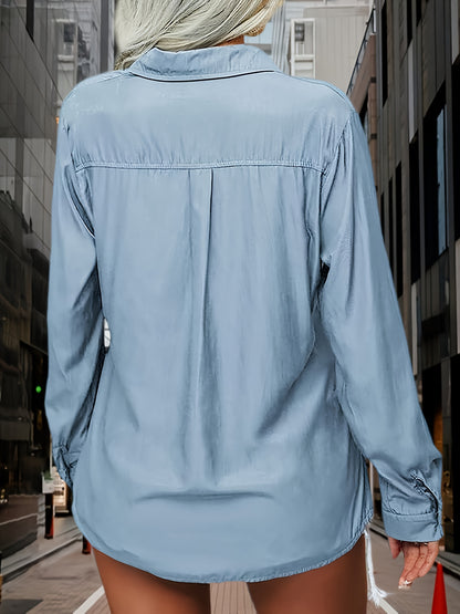 Womens Solid Lapel Long Sleeves Button Casual Basic Office Shirt Top Blouse