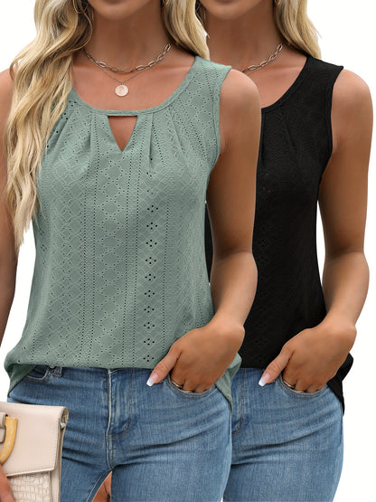 Women's Two-Piece Summer Tank Top Set - Sleeveless Eyelet Embroidery, Loose Fit, Business Casual Tops for Work & Everyday Wear[Women's Two-Piece Summer Tank