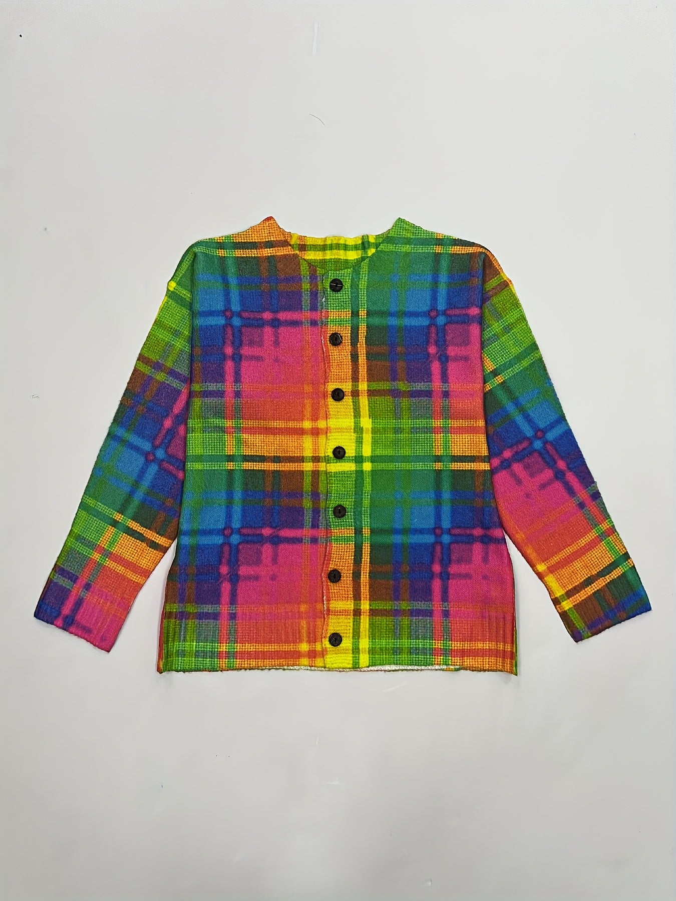 Women's 3D Print Colorful Plaid Cardigan - Long Sleeve Open Front Button-Up with Pockets, Soft All-Season Sweater for Casual & Formal Outfits, Office Wear, Elegant Outerwear, Durable Knitwear