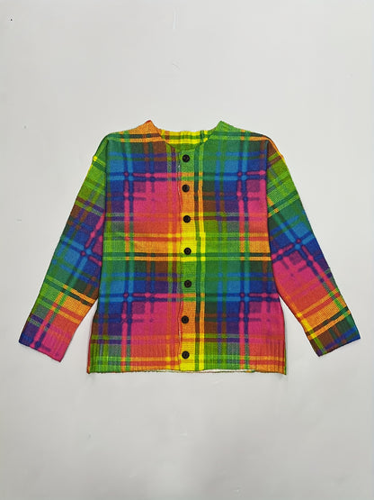 Women's 3D Print Colorful Plaid Cardigan - Long Sleeve Open Front Button-Up with Pockets, Soft All-Season Sweater for Casual & Formal Outfits, Office Wear, Elegant Outerwear, Durable Knitwear