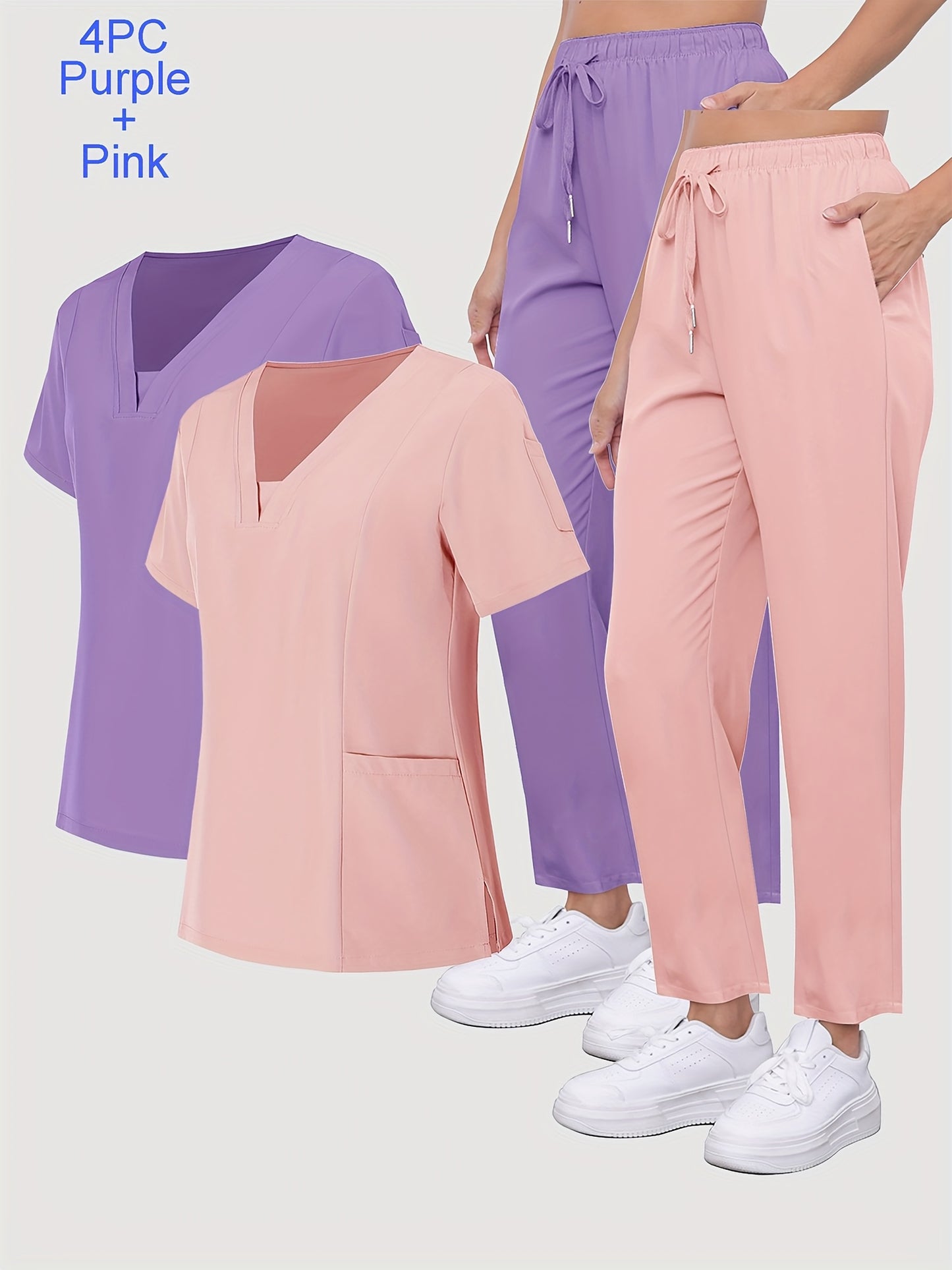 [Breathable Work Clothes] 4pcs Set of Women's Frosted Breathable Uniform with Pockets, Hand Washing Clothes, Work Clothes, Hand Brushing Clothes, Pants Set