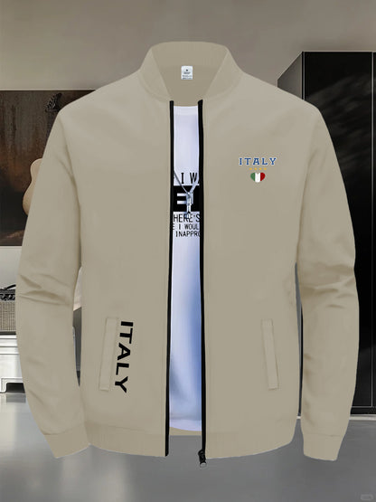 Men's Jacket, Polyester Fiber, Multi-Color Italian Flag Print, Lightweight Summer Baseball Jacket, Full-Zip Stand Collar, Casual Windproof Outerwear. Suitable for Daily Wear, Travel, Vacation, and a Spring/Summer Essential. The Product Is Designed