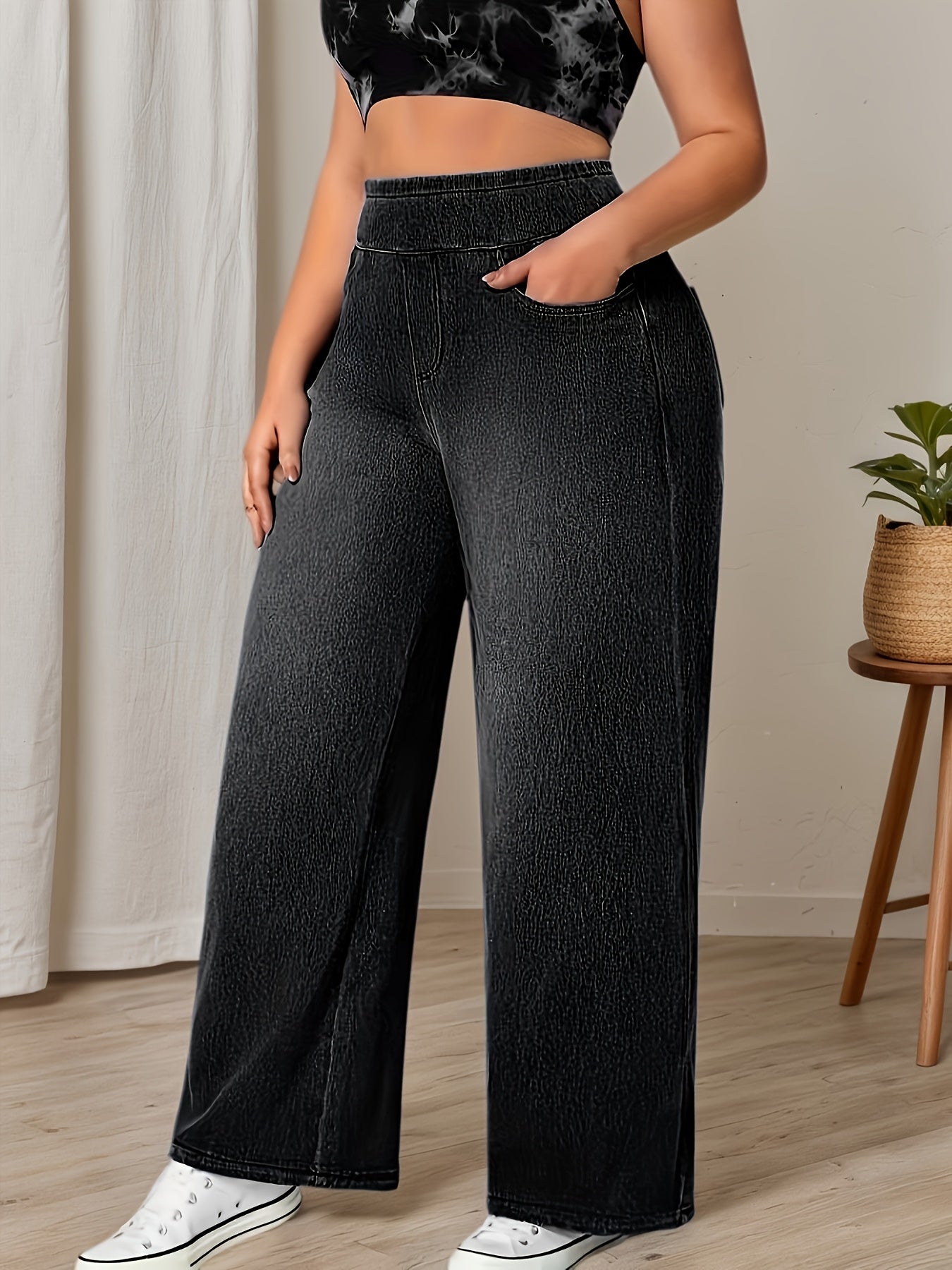 Women's Plus Size High-Waisted Wide-Leg Denim Pants - Stretch Elastic Waistband Beltless -Line Trousers, Wash-Finished Solid Blue Jeans Suitable for All-Season Casual Wear, Office, Everyday Outfits (Machine Washable)