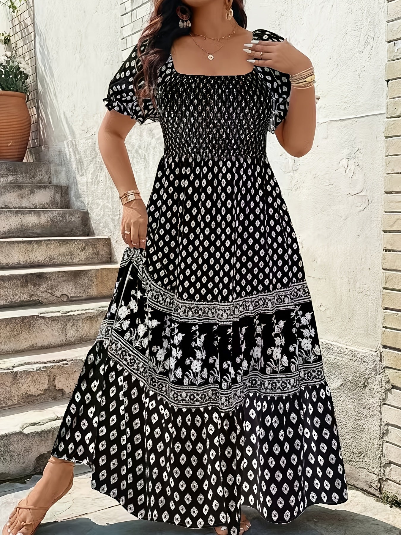 Plus Size - 1pc Spring Summer Mother'S Day Plus Size Women Elegant Bohemian Maxi Dress - Square Neck Puff Sleeve Smocked Bodice Floral Geometric Print Tiered Long Skirt Sophisticated Graceful Style For Vacation Beach Party Wear