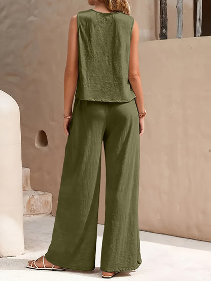 Popular! Women's Sleeveless Crop Top And Wide-Leg Pants Set, Breathable Fabric, Versatile for Vacation And Daily Outfit, Casual Summer Outfit