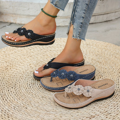 Women'S Wedge Sandals Adorned with Flowers, Casual Flip Flops with a Thick Sole, Comfortable Summer Footwear., Women Shoes