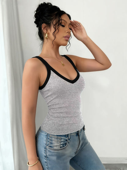 4pcs Women's Ribbed Sports Vest Set, Color-blocked V-neck Sleeveless Sports Camisole, High-elasticity Slim-fit Tank Top, Casual and Breathable Summer Top Suitable for Everyday Street Style.