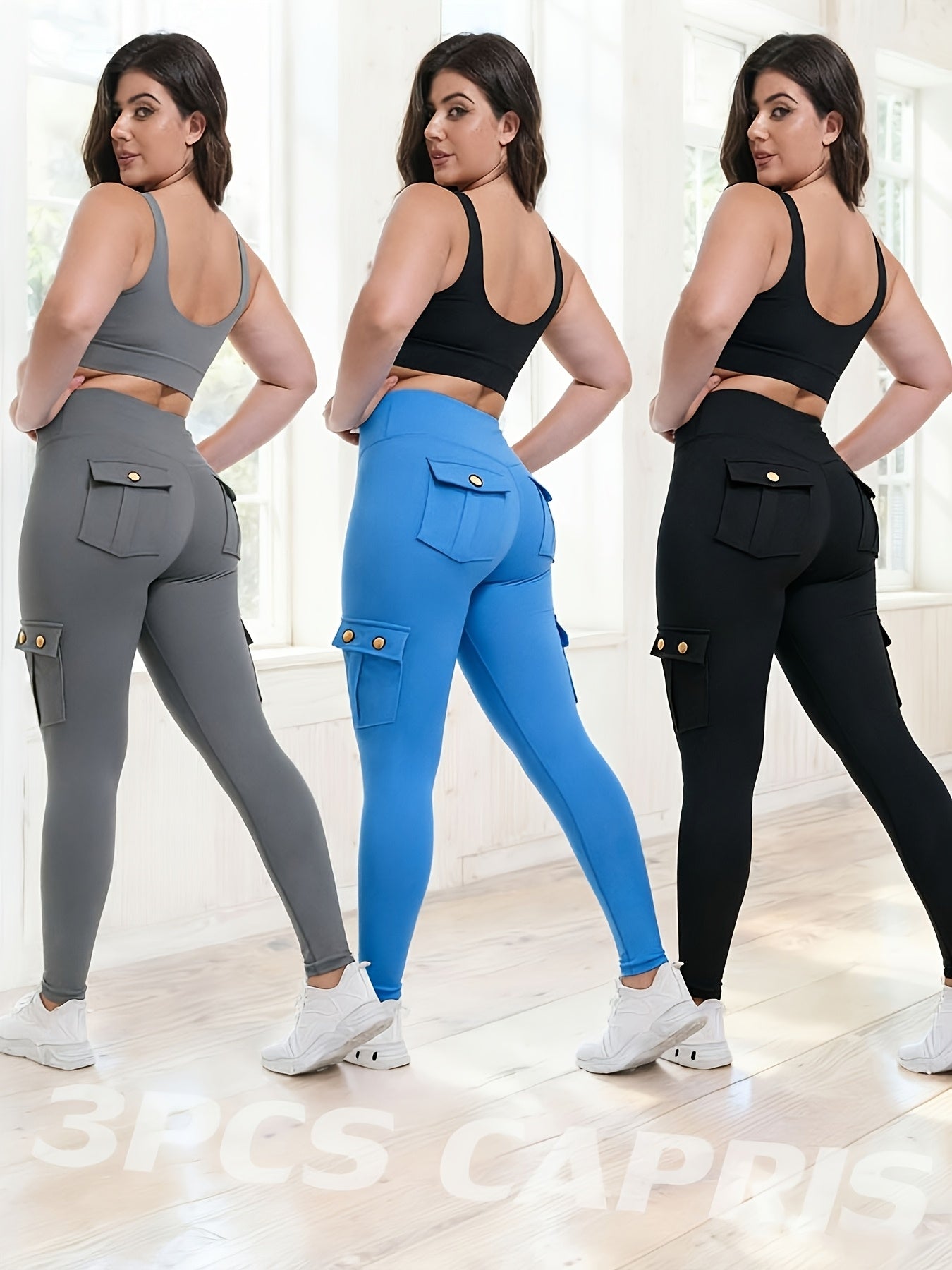 3-Pack High Waisted Cargo Yoga Pants With Slide Pockets - Tummy Control, 4 Pockets, Breathable 4-Way Stretch, Moisture Wicking, Perfect For Running, Gym & Yoga Lovers