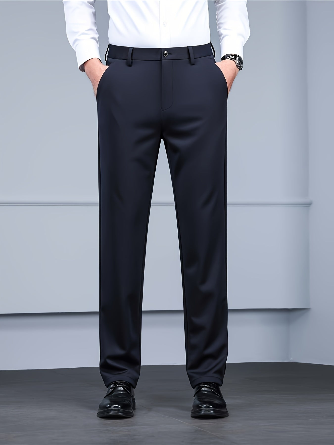 Men's High-elasticity Anti-wrinkle Straight-leg Dress Pants, High-waisted Business Casual Long Pants, Button And Zipper Design, Machine-washable All-season Classic Solid Color Suit Pants, Professional Clothing, Wear-resistant Fabric, Formal Wear