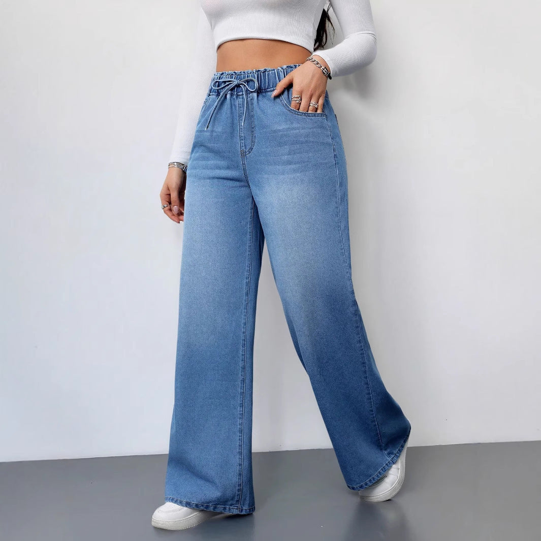 High-Waisted Wide-Leg Jeans, Super Charming Elastic Waist Thin Pants, Solid Color Washed, 2025 Autumn and Winter New
