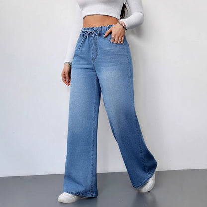 High-Waisted Wide-Leg Jeans, Super Charming Elastic Waist Thin Pants, Solid Color Washed, 2025 Autumn and Winter New