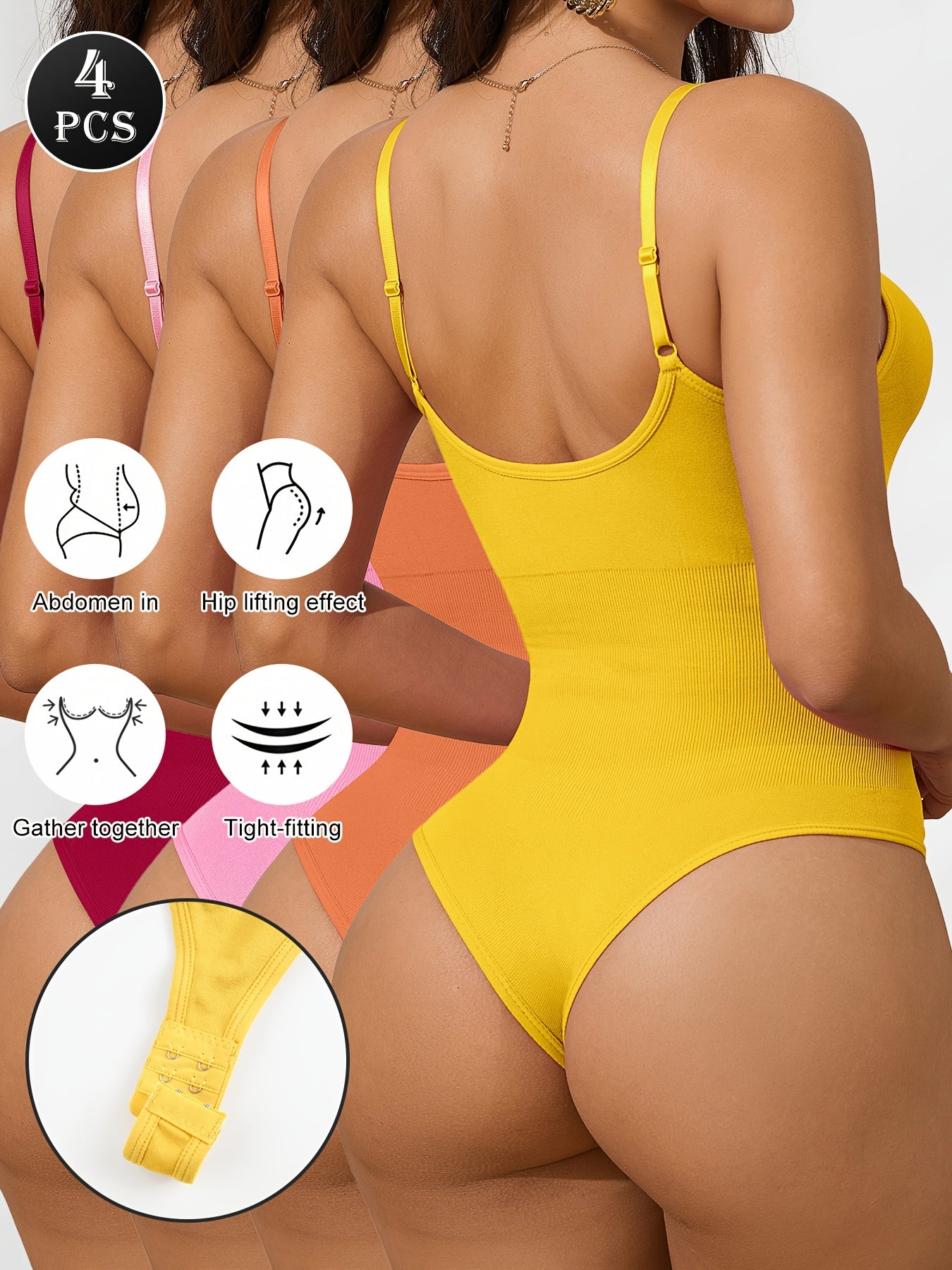 4pcs Women's High- Shapewear Bodysuit 1pc Suitable for Postpartum, Tummy & Waist Cincher with Hip Lift, Thong Underwear for Gym, Casual Attire, Hand Washable Solid Color (No Chest Pads)