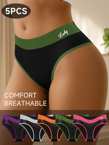 5pcs Women'S Colorblock Sliky Fiber Fabric Briefs - Breathable, High-Elasticity, No-Show Underwear, Comfort Fit, Mid-Rise, Letter Pattern, Black & Neon Green, Sexy Briefs | Midrise Underwear | Smooth Texture