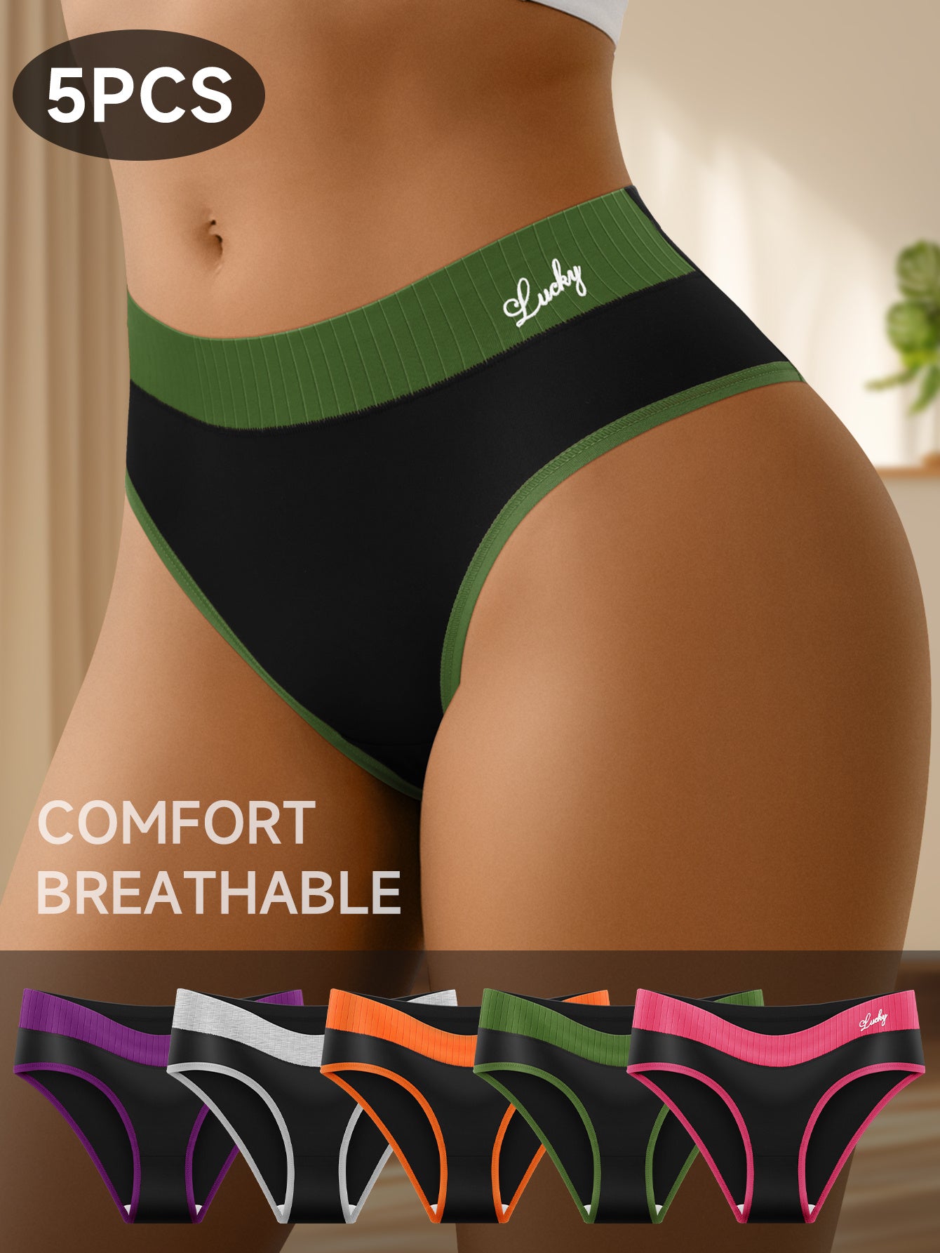 5pcs Women'S Colorblock Sliky Fiber Fabric Briefs - Breathable, High-Elasticity, No-Show Underwear, Comfort Fit, Mid-Rise, Letter Pattern, Black & Neon Green, Sexy Briefs | Midrise Underwear | Smooth Texture