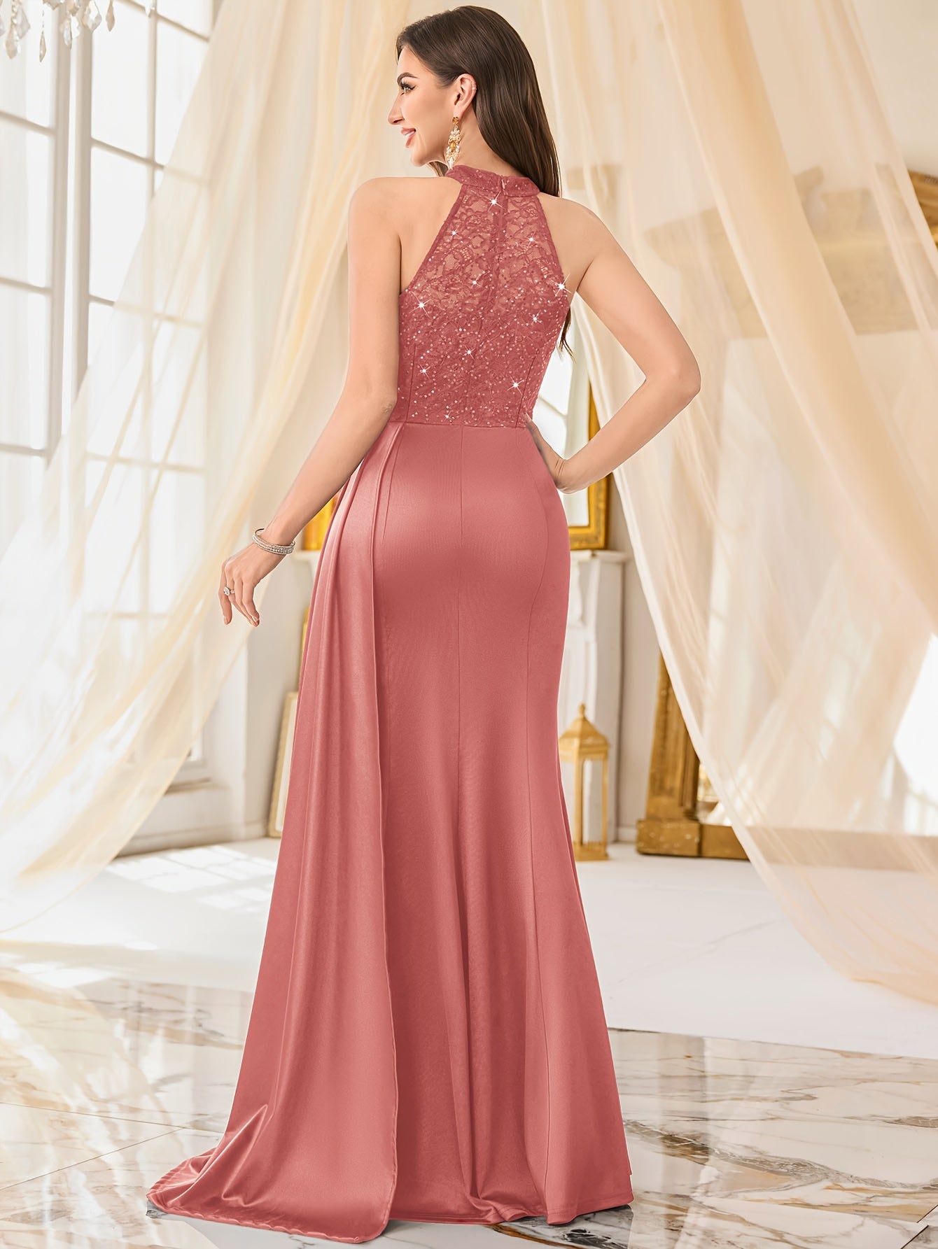 55630A Elegant Womens Sleeveless Sequin Lace Evening Maxi Dress Halter Neck Sheer Lace Patchwork Satin Ruched Waist Bodycon High Side Slit For Wedding Season Graduation Season Formal Wedding Guest Bridesmaid Cruise Party