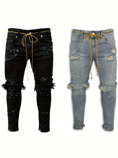 1pc for Man's Skinny Fit Ripped Destroyed Distressed Slim Fashion Stretch Jeans Pants - Stretch & Durable for Daily & Street Wear - Sizes S-3XL