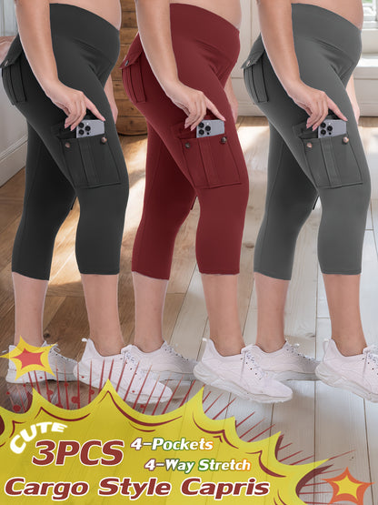 3-packs High Waist Yoga Capri Pants 3pcs Capri Pants Set, 4 Way Stretch Butt Lifting Tummy Control, 4 Button Pockets Workout Running Sports Pants