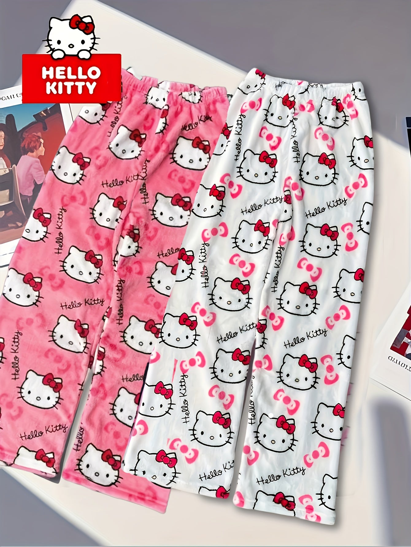 Sanrio KT Cat Pajama Pants for Women - 2pcs Sleepwear Set with Cute KT Cat Face & Full-Length Pants, Cozy Flannel Pajamas for s, - Nightwear ()