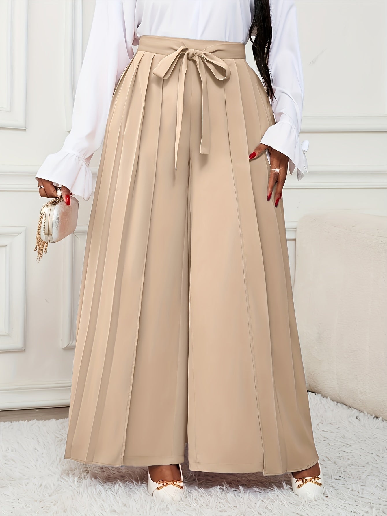 Plus Size - Plus-size Women'S Pants With Elegant Pleats, Removable Design, Two-way Wear, Straight-leg Style, Retro Chic, Casual, Suitable For All Seasons Throughout The Year.