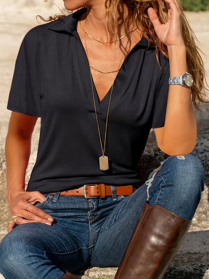 Women's Elegant V-Neck T-Shirt - Breathable Short Sleeve Casual Top with Moderate Stretch, Solid Color Machine-Washable Shirt for Spring & Summer, Ladies T Shirts, Everyday Comfort Wear, Versatile Fashion, Smooth Texture