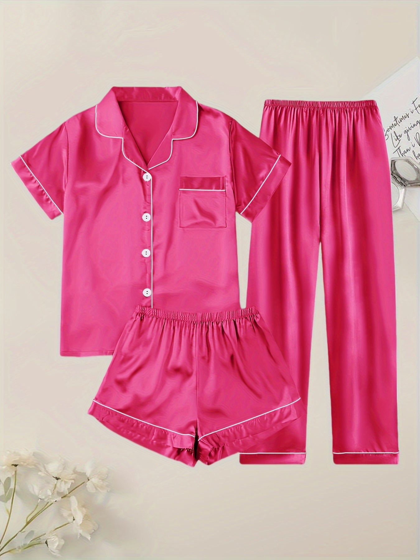 Women'S Solid Satin Casual Pajama Set, Short Sleeve Buttons Lapel Top & Shorts & Pants, Comfortable Relaxed Fit