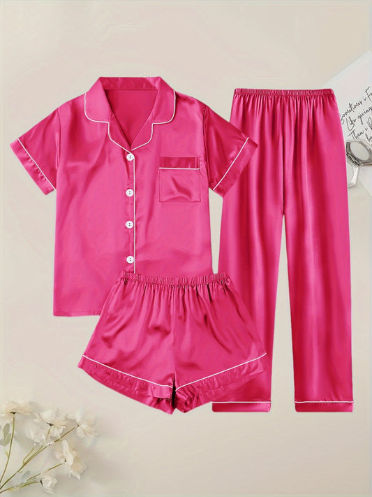 Women'S Solid Satin Casual Pajama Set, Short Sleeve Buttons Lapel Top & Shorts & Pants, Comfortable Relaxed Fit