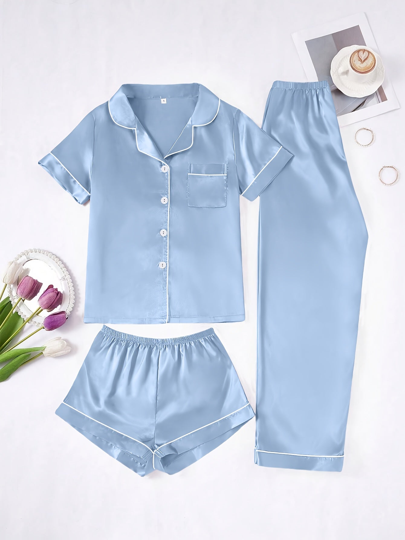 Solid Color Women'S Simple And Comfortable 3pcs Pajama Set, Includes 3pcss: Collared Short-Sleeve Top & Elastic Waist Shorts & Elastic Waist Long Pants Women'S Pajama Set
