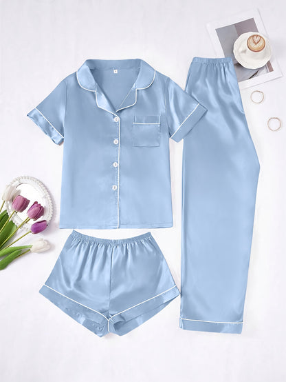 Solid Color Women'S Simple And Comfortable 3pcs Pajama Set, Includes 3pcss: Collared Short-Sleeve Top & Elastic Waist Shorts & Elastic Waist Long Pants Women'S Pajama Set