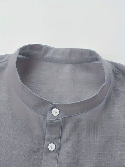 Plus Size Men'S Solid Shirt, Casual Breathable Half Button Cotton Blend Stand Collar Long Sleeve Shirt For Outdoor Activities, Men'S Clothing