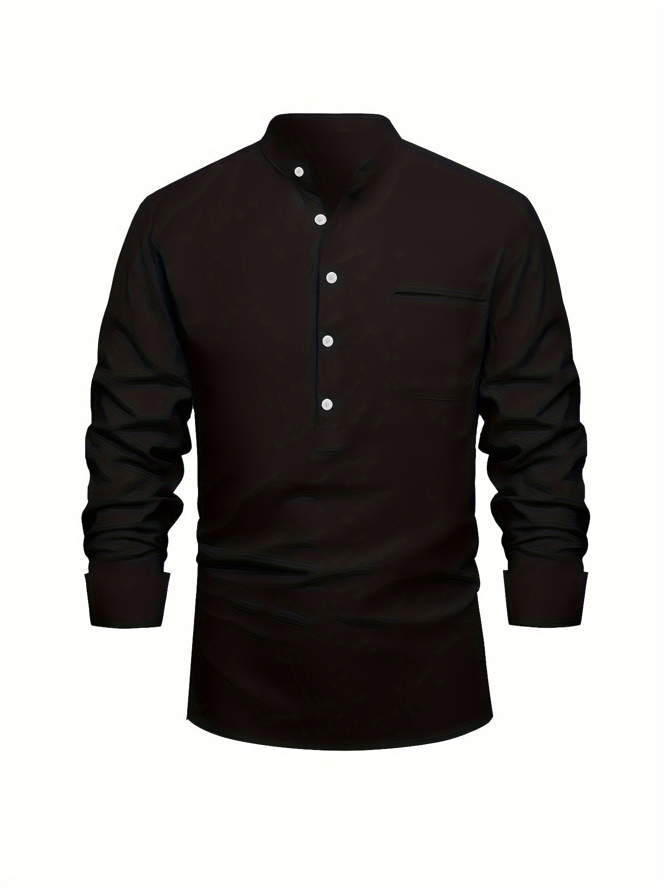 Plus Size Men'S Solid Shirt, Casual Breathable Half Button Cotton Blend Stand Collar Long Sleeve Shirt For Outdoor Activities, Men'S Clothing