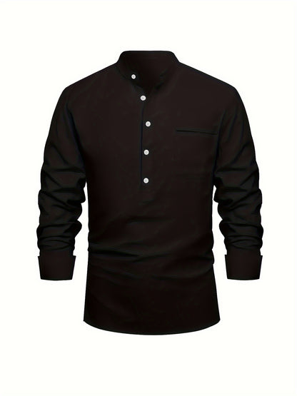 Plus Size Men'S Solid Shirt, Casual Breathable Half Button Cotton Blend Stand Collar Long Sleeve Shirt For Outdoor Activities, Men'S Clothing