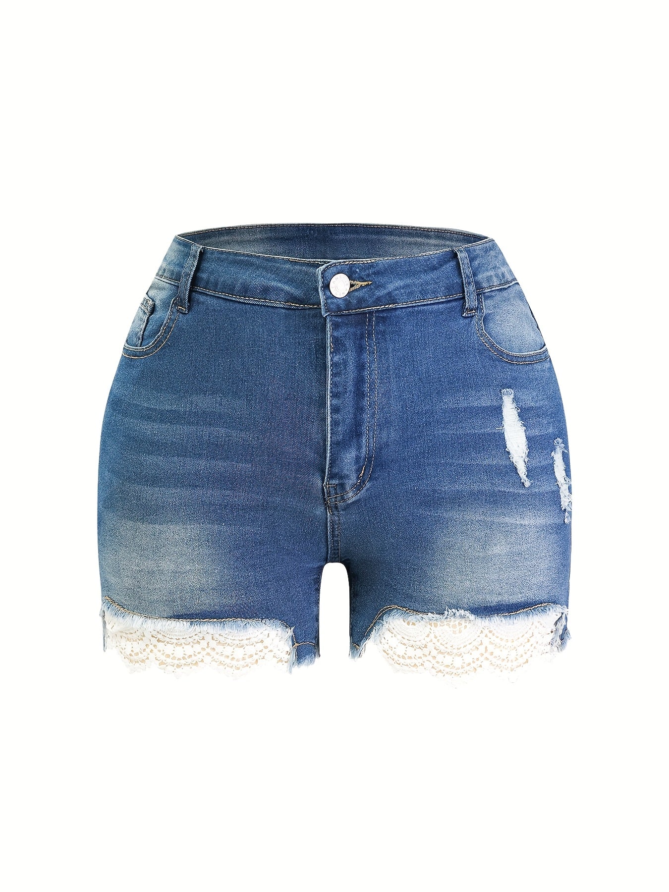 Oversized Distressed Lace Denim Cutoffs