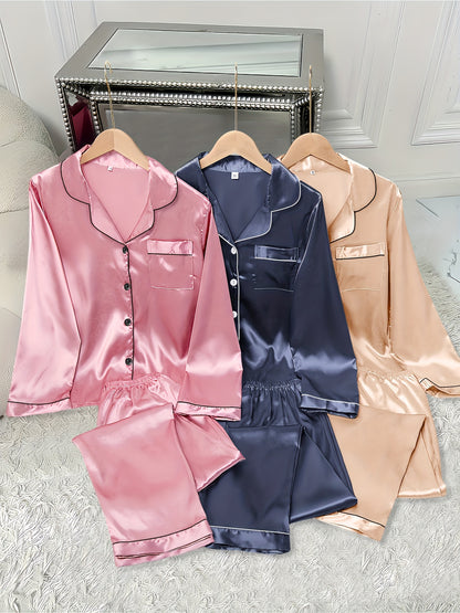 3pcs Women'S Satin Pajama Set - Casual Solid Color Long Sleeve Shirt & Elastic Waist Pants, Lapel Collar, Button Detail, Fall/Winter Sleepwear