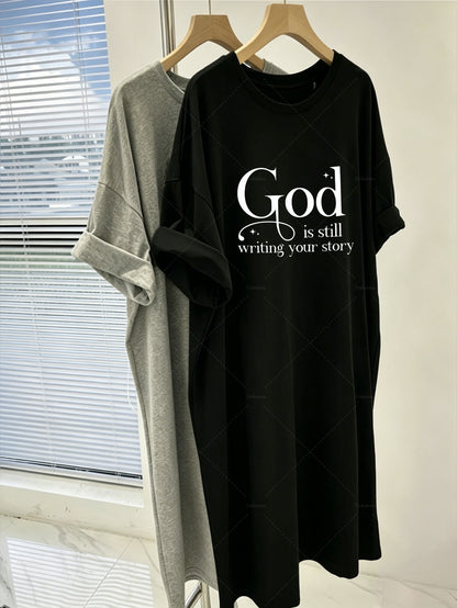 Women'S Plus Size Patterned Dress, Plus Size Nightgown, "God Is Still Writing Your Story", Plus Size Comfortable Women'S Pajamas, Short Sleeves, Soft And Breathable, Loose Fit, Casual Home Wear And Outing Wear
