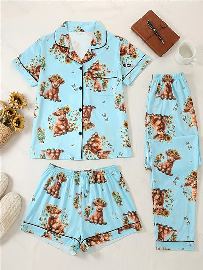 [3pcs Women's Pajama Set] 3pcs Casual Women's Pajama Set | Features A Lapel Collar, Short-sleeved Top with Button Closure, Paired with Shorts And Long Pants, Adorned with Floral And Cow Patterns. Comfortable Loungewear Suitable for All Seasons