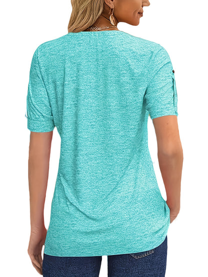 Casual Short-Sleeve T-Shirt for Women, Featuring a Pleated Design And V-Neck in Solid Colors, Perfect for Summer