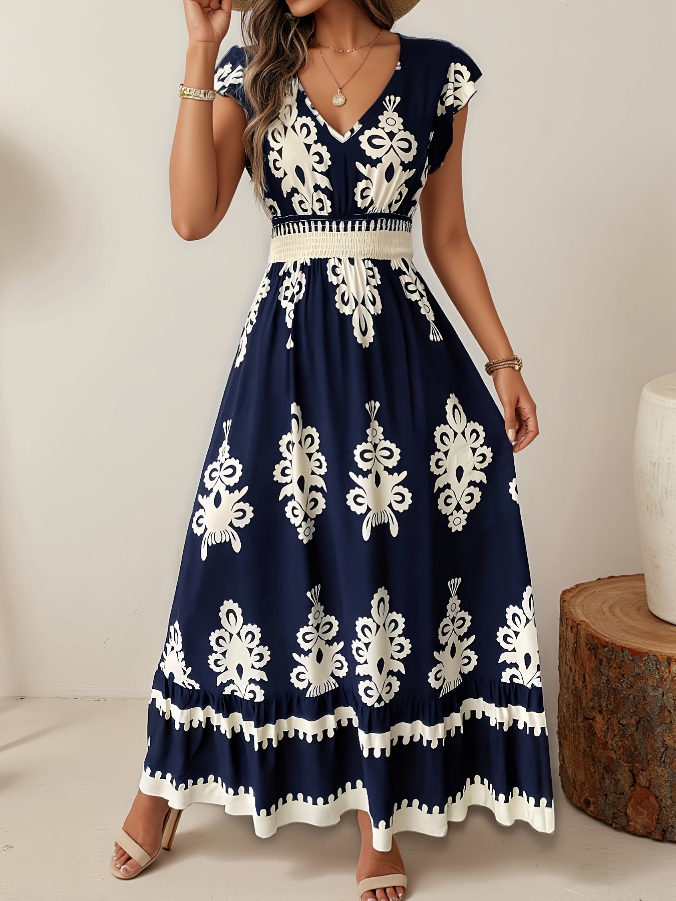 Fashionable Beach Dress for Women, Perfect for Spring And Summer Vacations, Featuring a Printed V-Neck And a Flowing Design