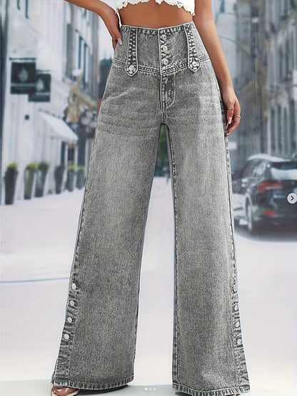 Women's Daily Casual Fashion Button Waistband Loose Jeans, with Open Button Cuff Design, Suitable for Home, Outdoor Street Shopping, Holiday Travel, Airport, And Versatile for All Seasons, Machine Washable.