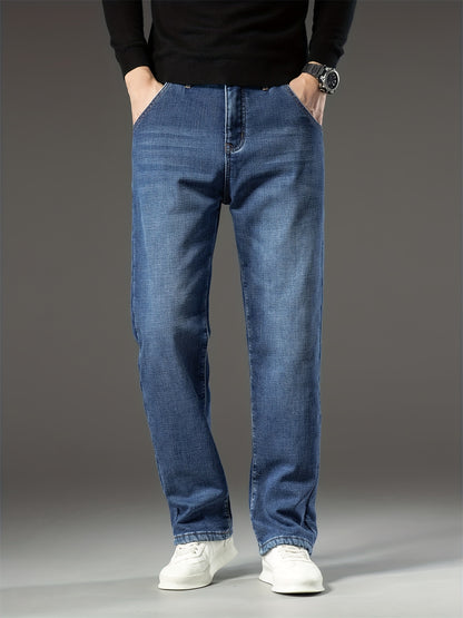 Men's Warm Fleece Stretch Jeans, Loose Casual Fleece Jeans, Straight Mid-waist Fashionable Versatile Jeans, Suitable For Daily, Business, Outdoor