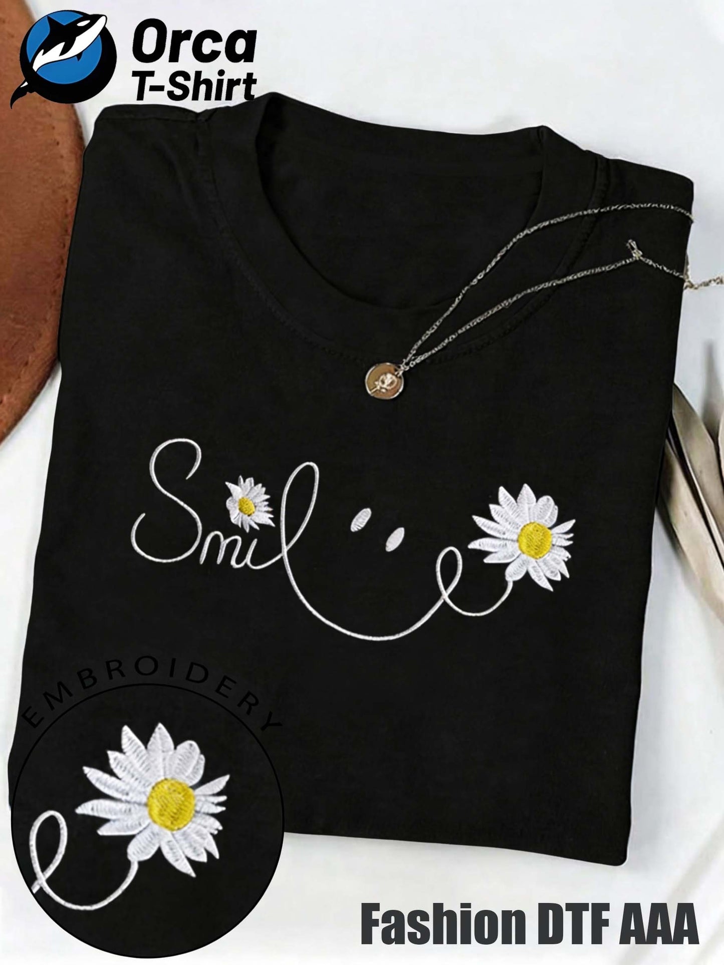 Local Delivery - Autumn Comfort Unisex T-Shirt, Smile Daisy Embroidery Print Short Sleeve T-Shirt, Thanksgiving and Christmas Gift, Holiday Celebration Apparel, Machine Washable, Women's Short Sleeve, Men's Short Sleeve, Fun and Comfortable Style