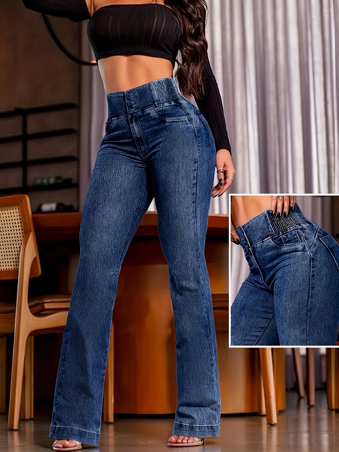 Women'S Stylish High-Waisted Denim Pants with Elastic Waist And Button Closure, Slim Fit with Micro-Flare, Attractive And Suitable for Every Season (Spring, Summer, Fall, And Winter)