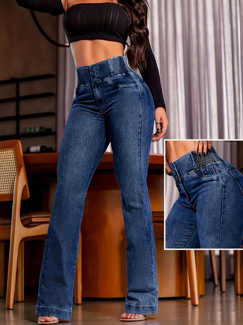 Women'S Stylish High-Waisted Denim Pants with Elastic Waist And Button Closure, Slim Fit with Micro-Flare, Attractive And Suitable for Every Season (Spring, Summer, Fall, And Winter)