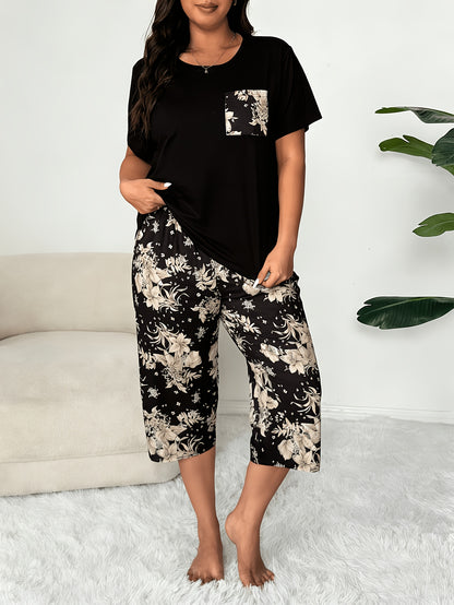 6pcs Plus-size Women's Short-sleeved Seven-inch Pants Pajama Set, Summer New Style, Floral, Butterfly, Heart Pattern - Suitable for Home Wear As An Outerwear Plus-size Outfit