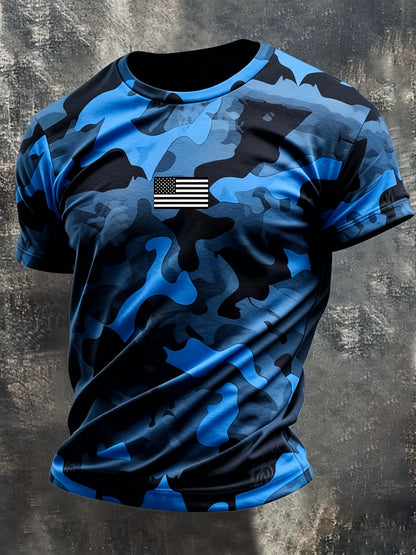 Trendy Orange Black Camouflage Splicing Design, Mini American Flag on Chest, Round Neck Short Sleeve Silhouette, Casual And Versatile, Plus Size Friendly, Suitable for Outdoor Commuting, Showcasing American Tough Guy Style