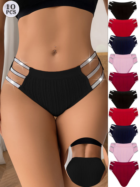 10 PCS Hot-item Ladies Hollowed-out Shiny Belt Briefs, Comfortable Breathable Soft Elegant Fashion Sexy Panties, Romantic Dating Daily Wear, Ladies Sexy Lingerie And Pantie